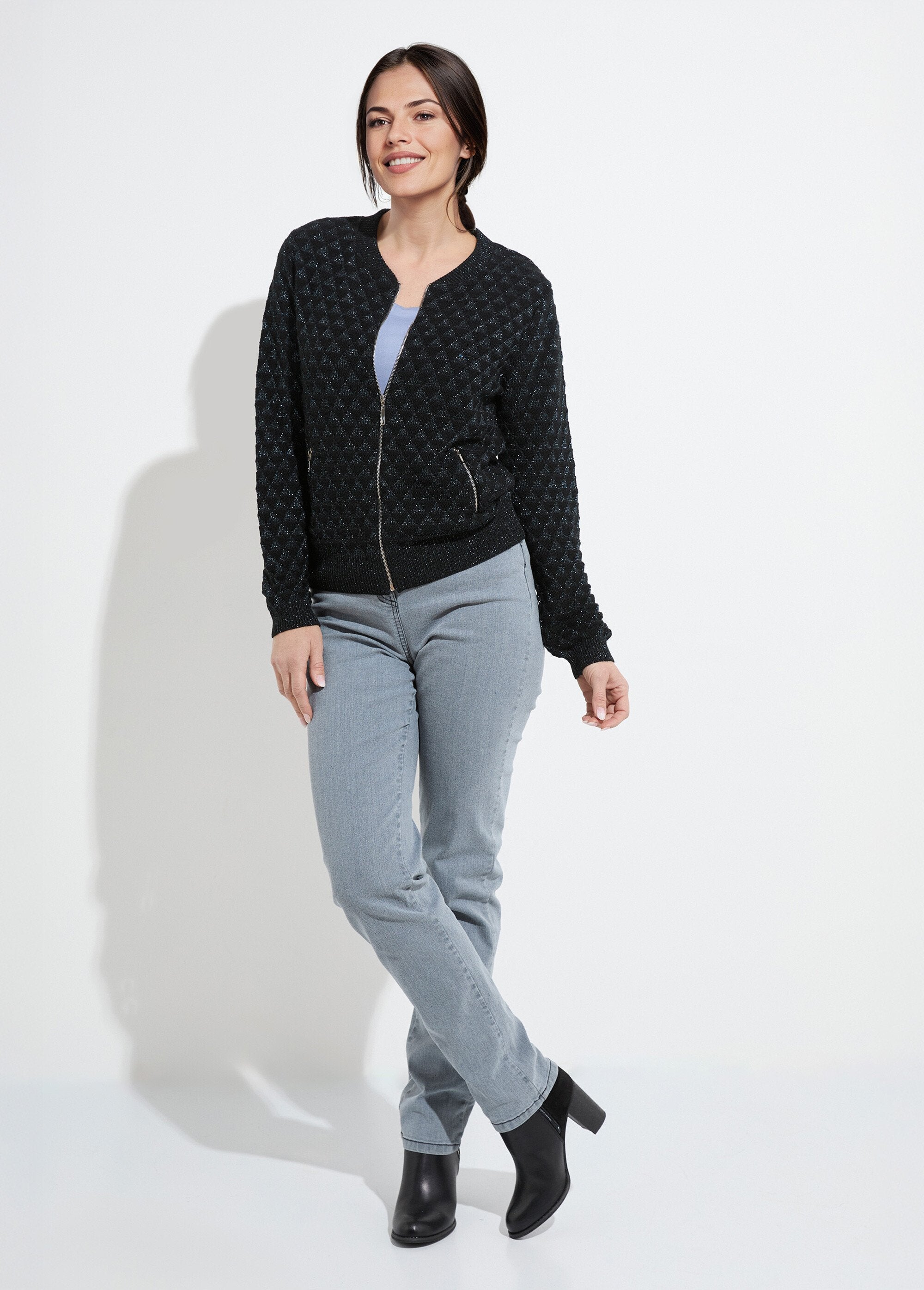 Gilet_zippé_esprit_bomber_maille_brillante_Noir_SF1_slim