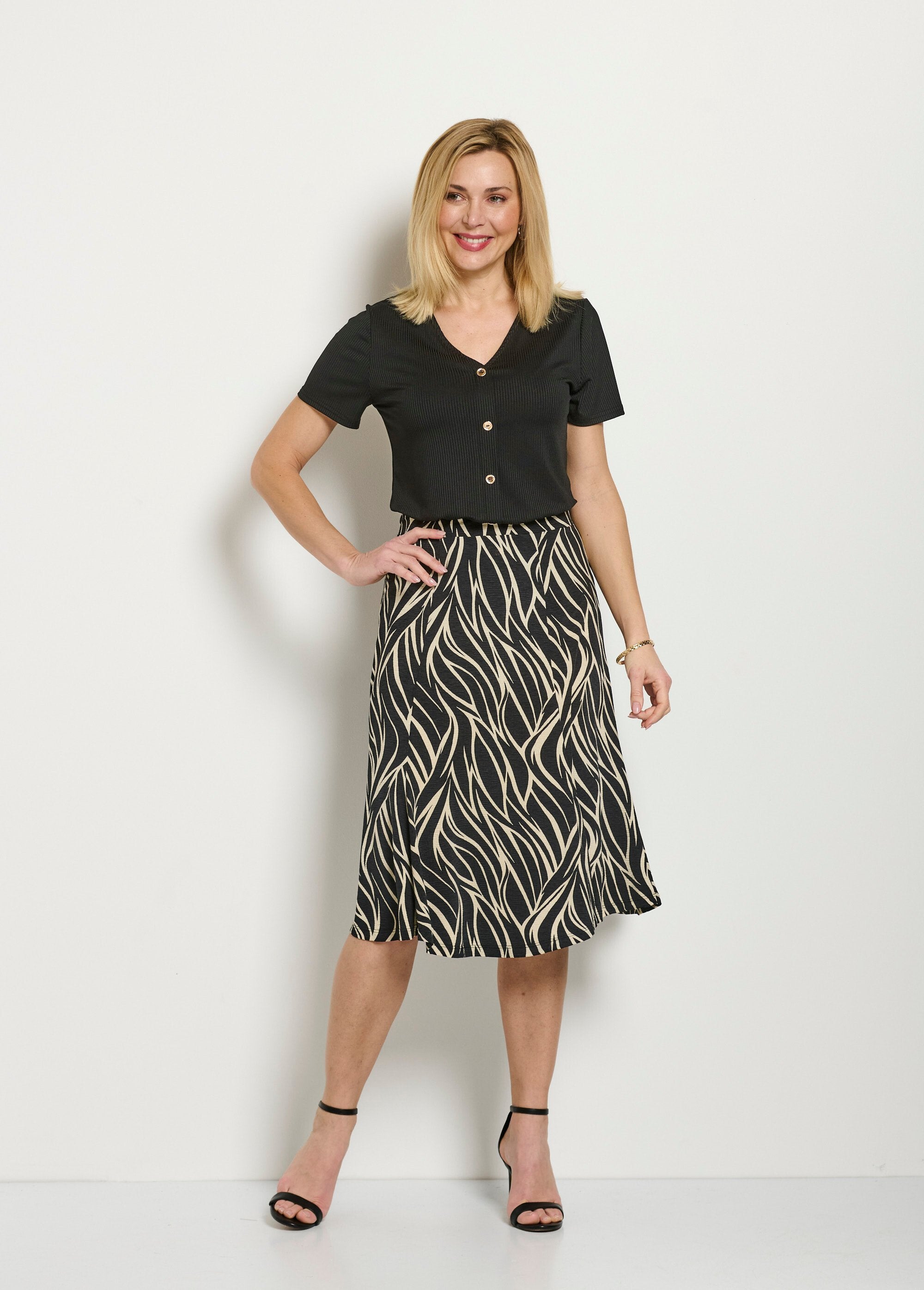 Saia_midi_flare_com_estampa_de_zebra_e_cós_elástico_Beige_et_noir_SF1_slim