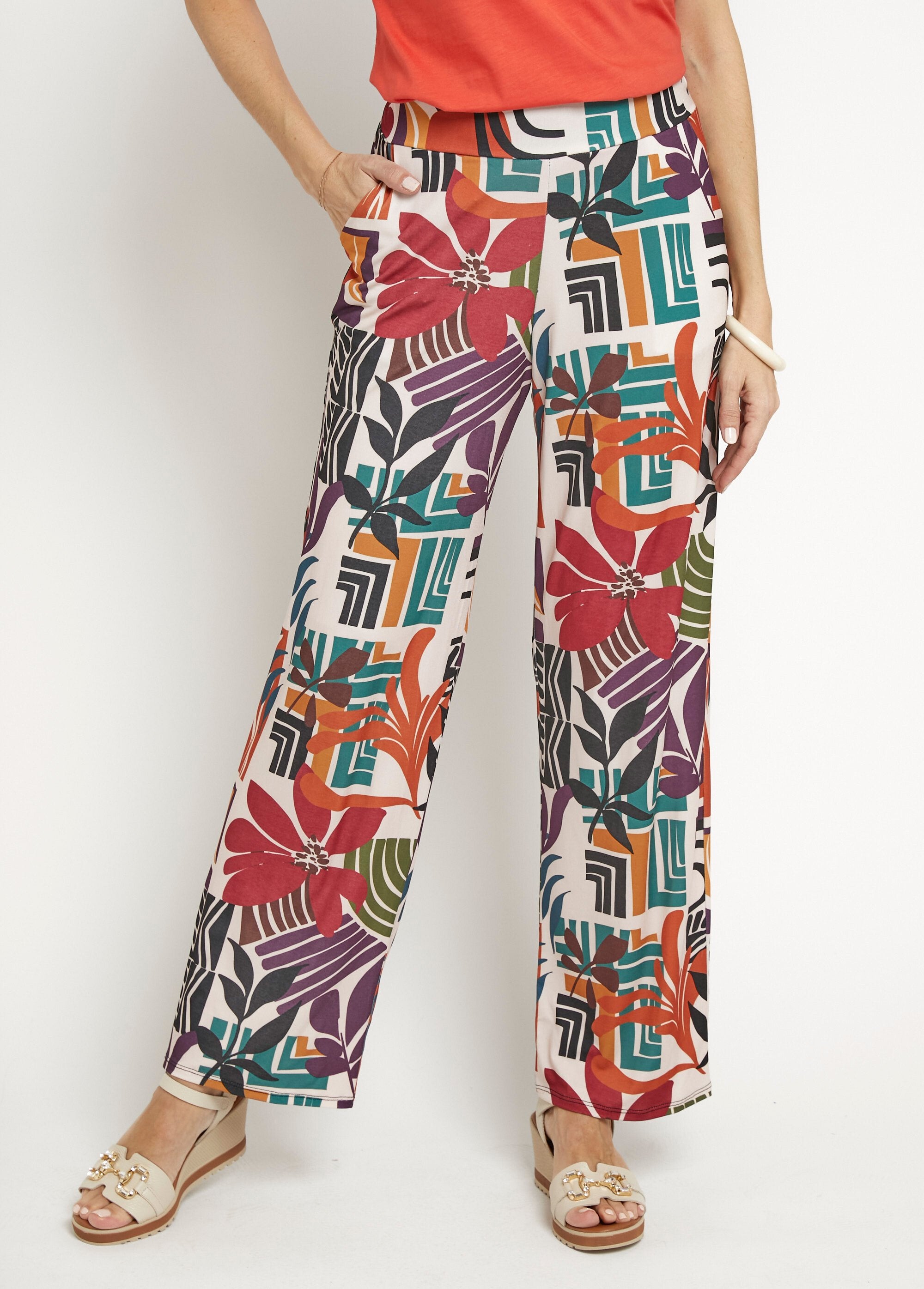 Calças_elásticas_fluidas,_estampa_floral_Beige_imprime_FA1_slim