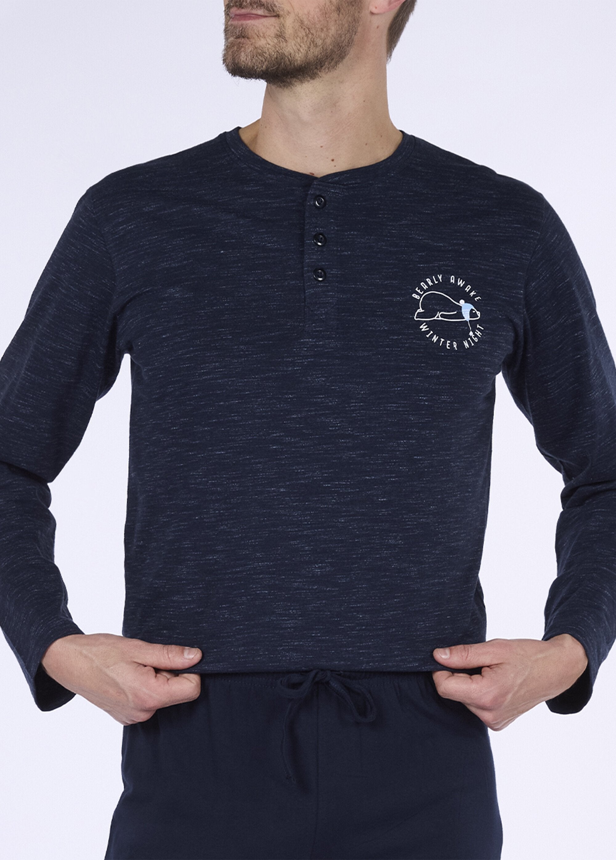 Pijama_de_2_peças,_manga_comprida,_mosqueado_Bleu_chine_DE1_slim