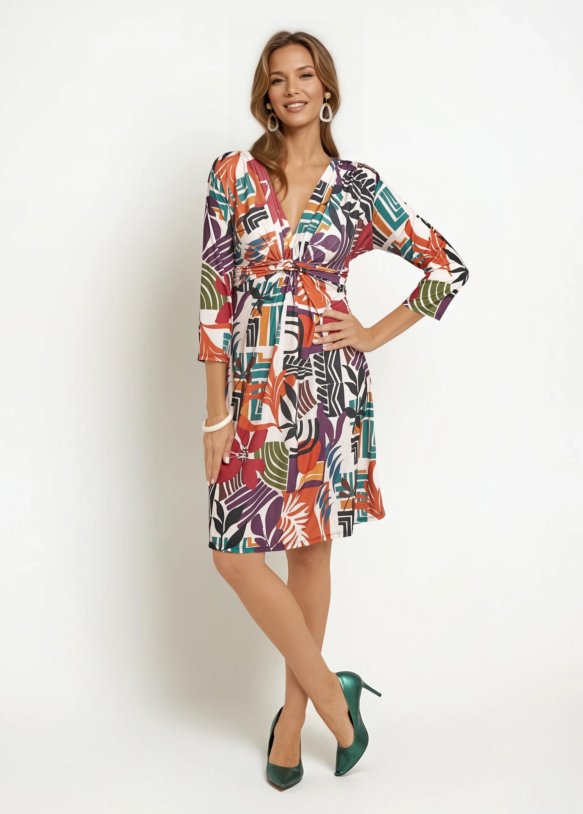 Vestido_estampado_étnico_manga_3/4_Beige_imprime_FA1_slim