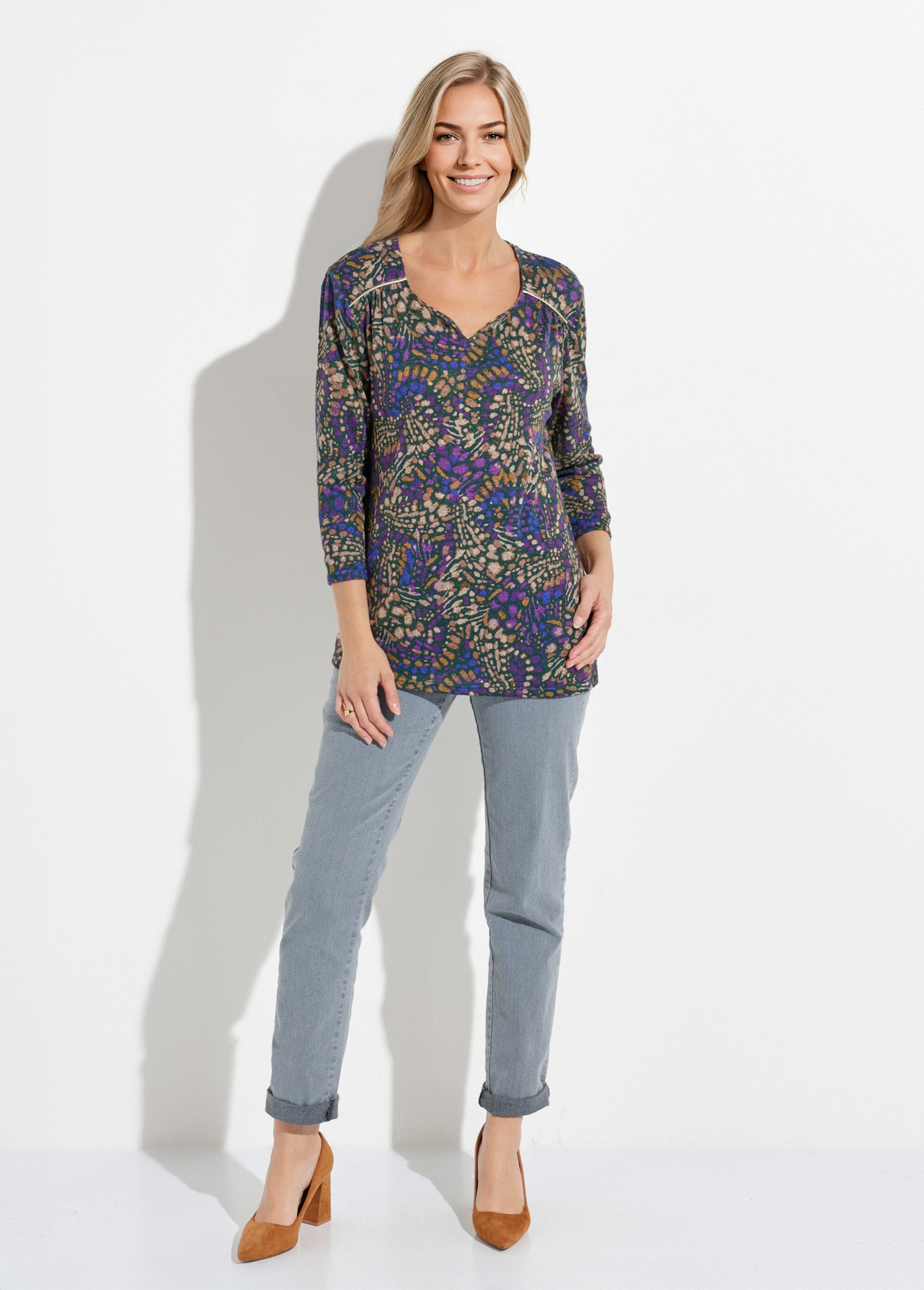 T-shirt_comprida,_mangas_3/4,_estampado_tachista_Violet_et_beige_SF1_slim