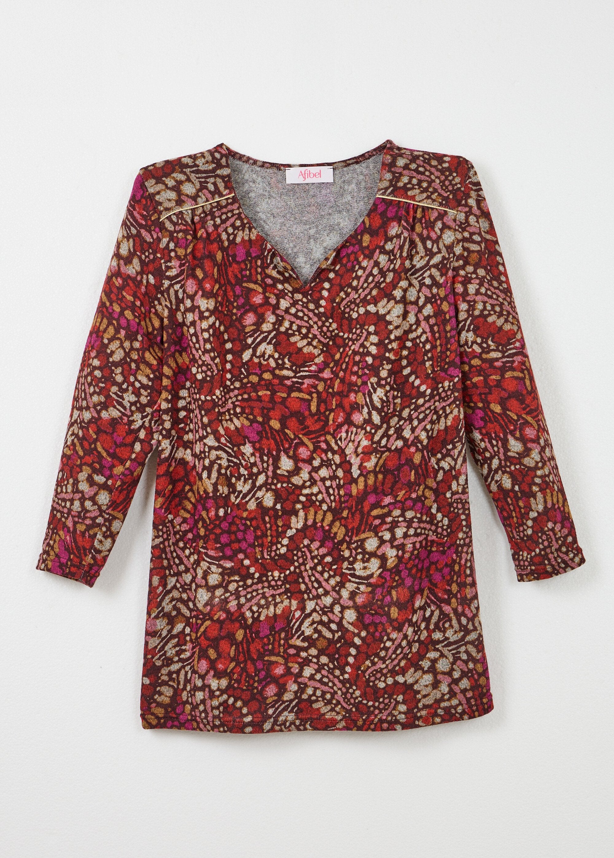 T-shirt_long_évasé_manches_3/4_imprimé_tachiste_Bordeaux_et_rose_AP1_slim