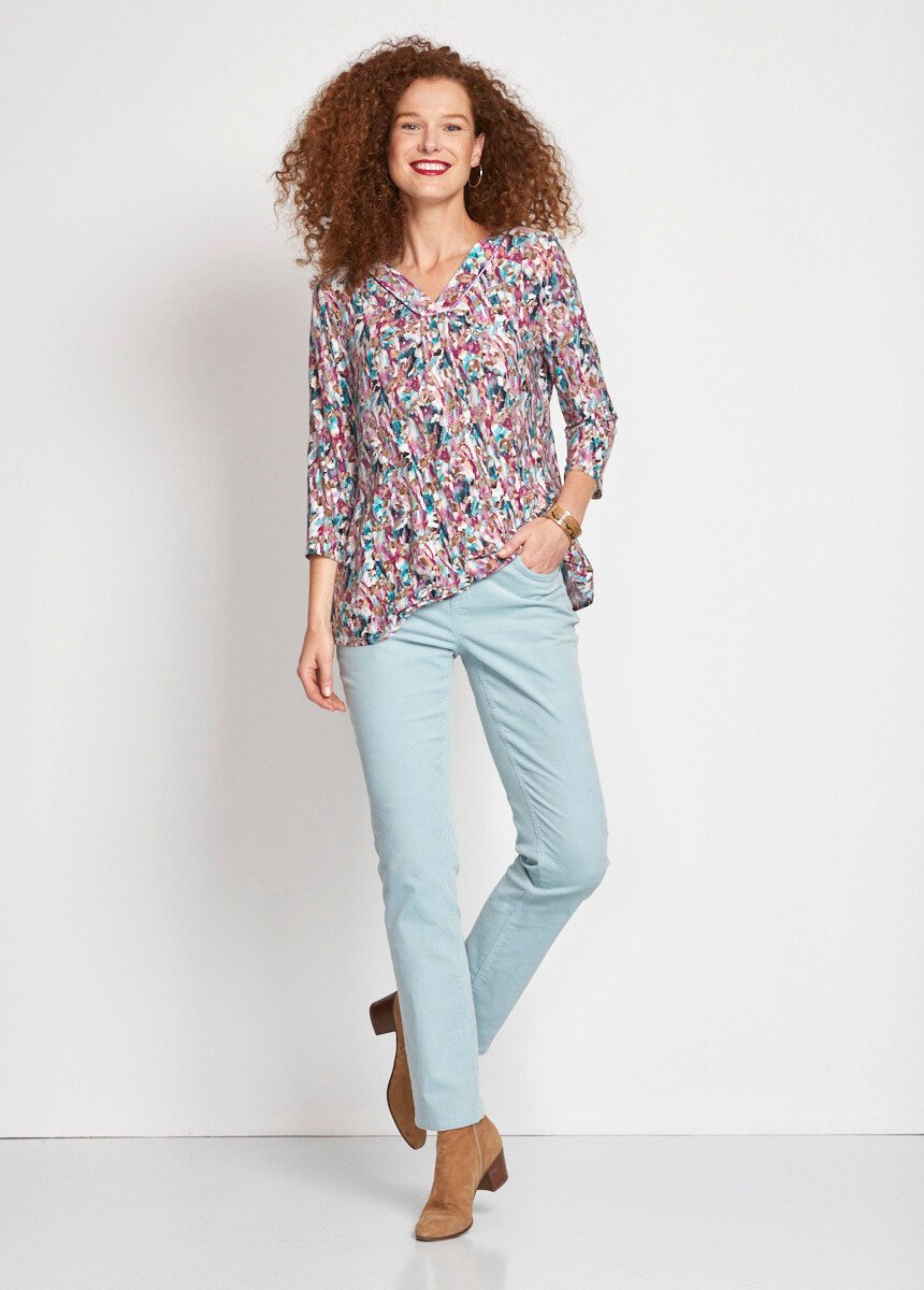 T-shirt_com_decote_em_V_estampado,_mangas_3/4_Cassis_et_emeraude_SF1_slim