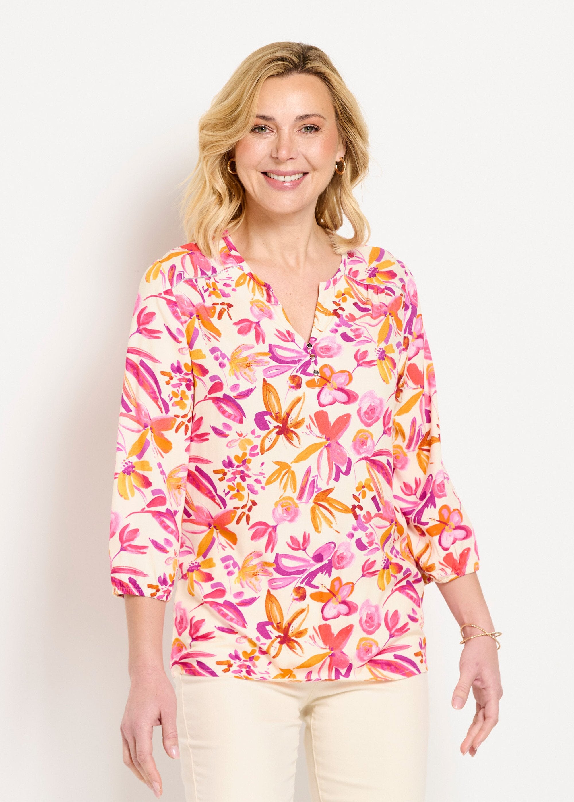 Túnica_longa_solta_com_estampa_floral_e_mangas_3/4_Orange_et_rose_FA1_slim