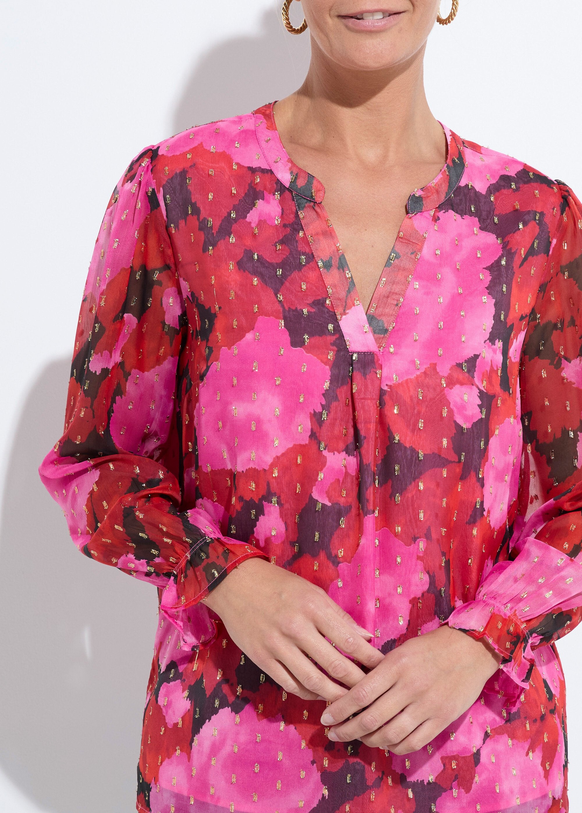 Túnica_com_decote_em_V,_estampa_de_voile_e_padrões_dourados_Rouge_et_noir_DE1_slim