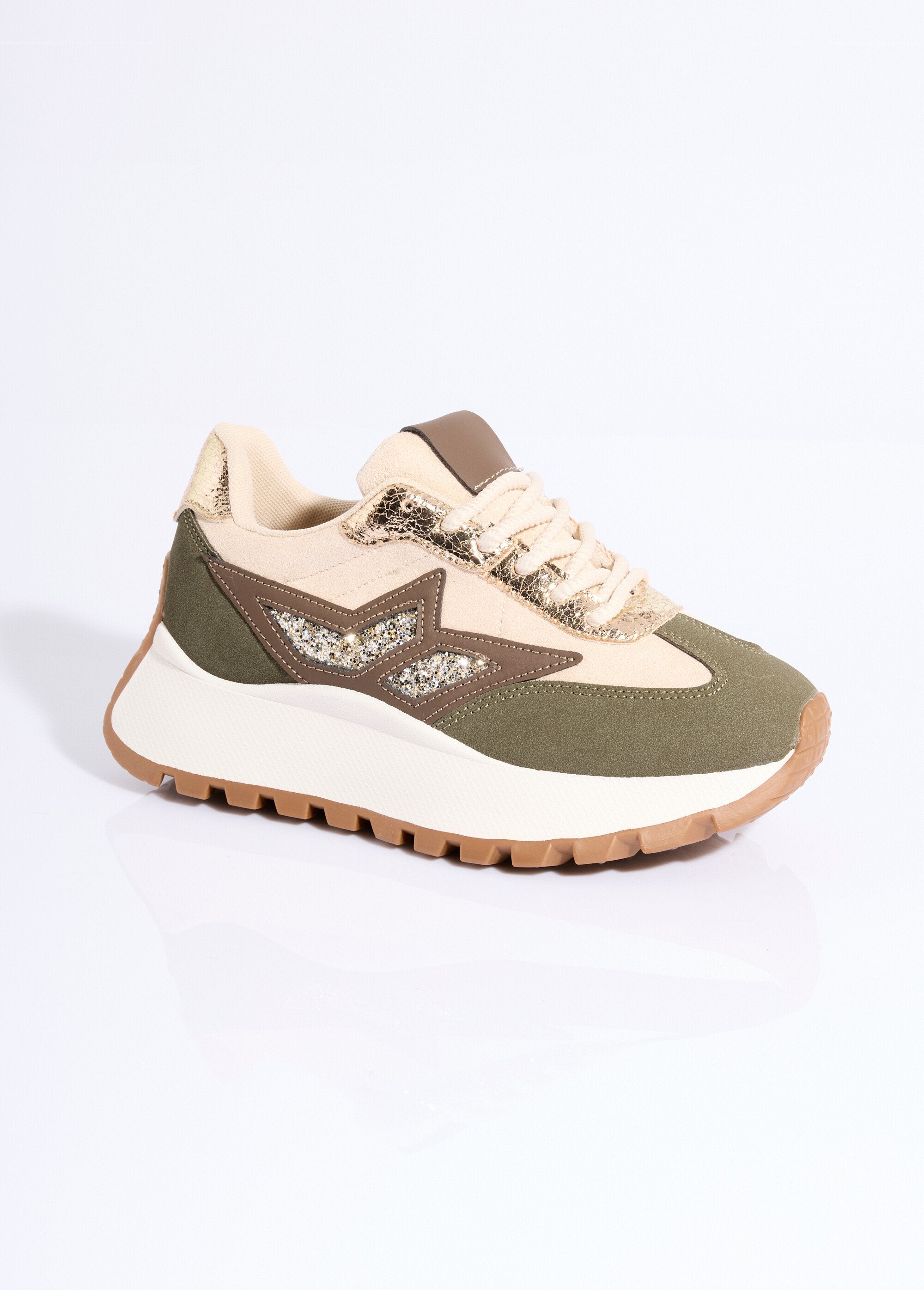 Baskets_multimatières_semelle_compensée_Vert_et_beige_FA1_slim