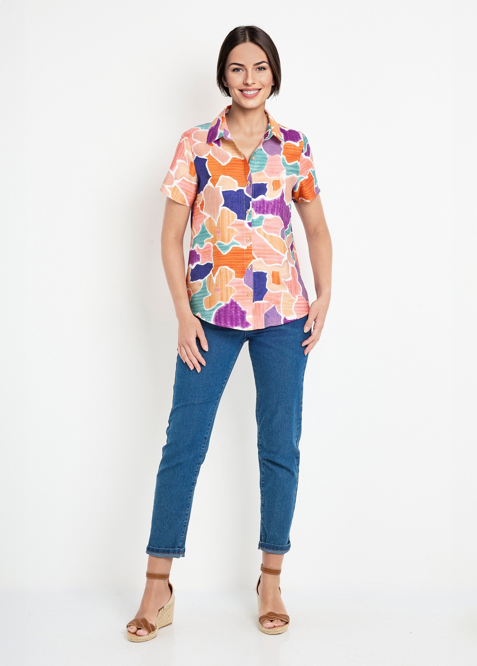 Blusa_de_manga_curta_com_estampa_abstrata_Orange_et_violet_SF1_slim