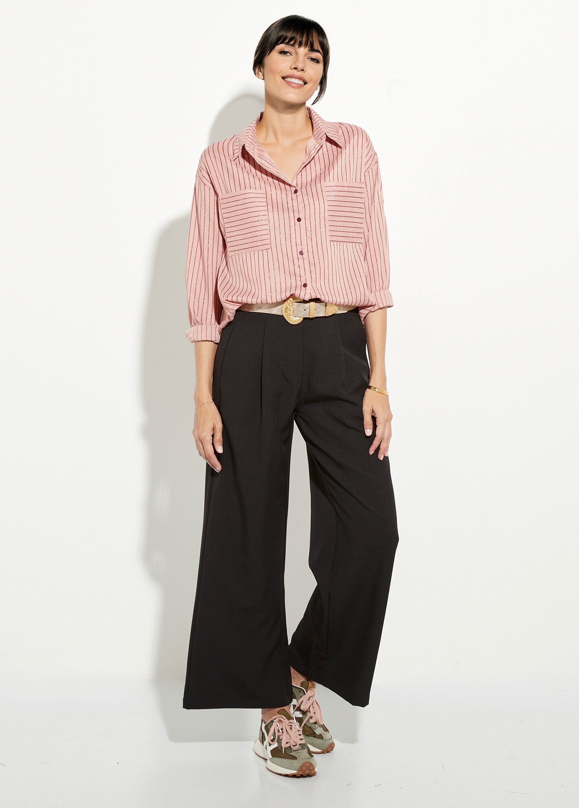 Chemisier_rayures_pailletées,_voile_fin_Rose_et_bordeaux_SF1_slim