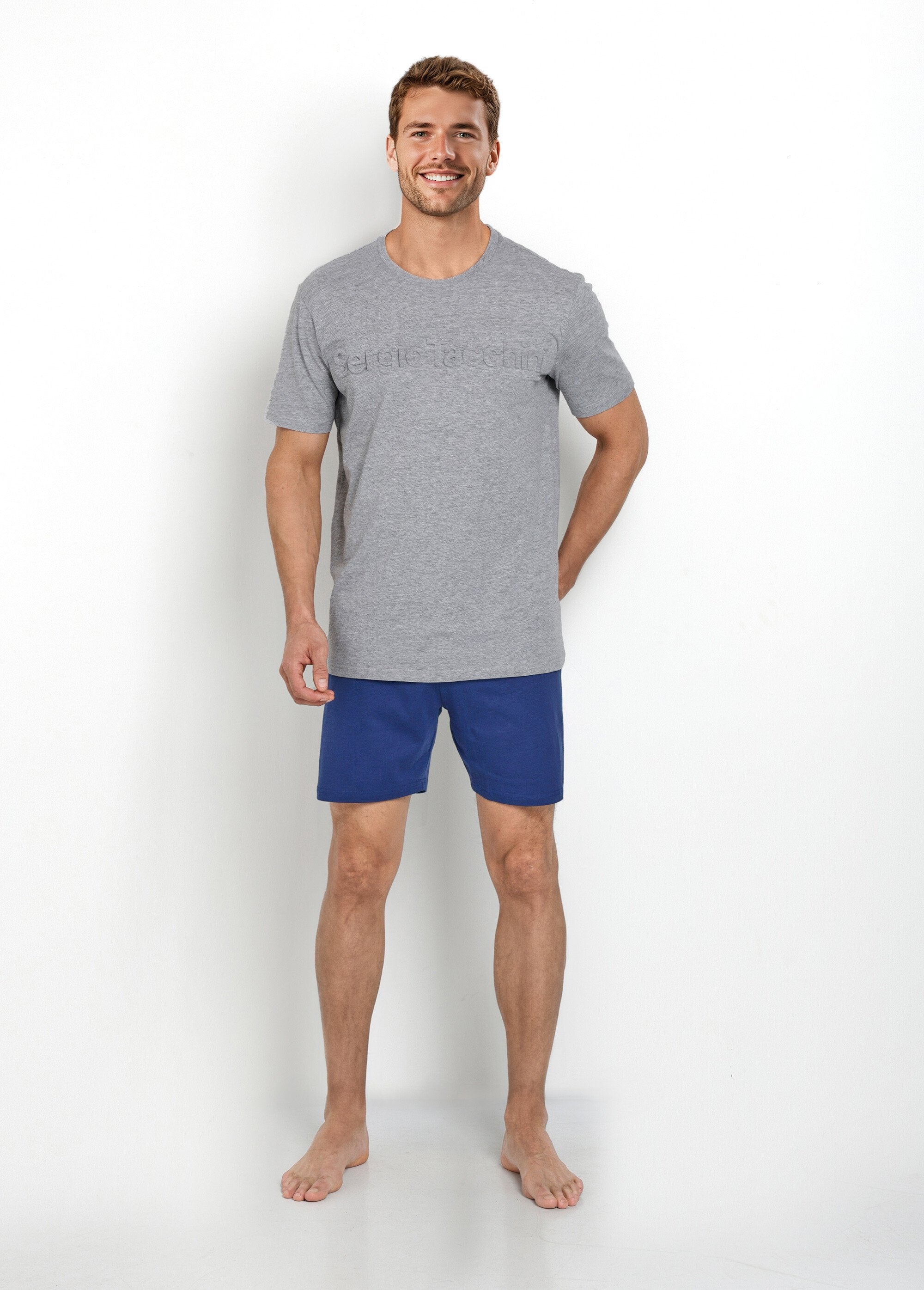 Pijama_curto_de_algodão_com_logo_3D,_tema_leve_Bleu_FA1_slim