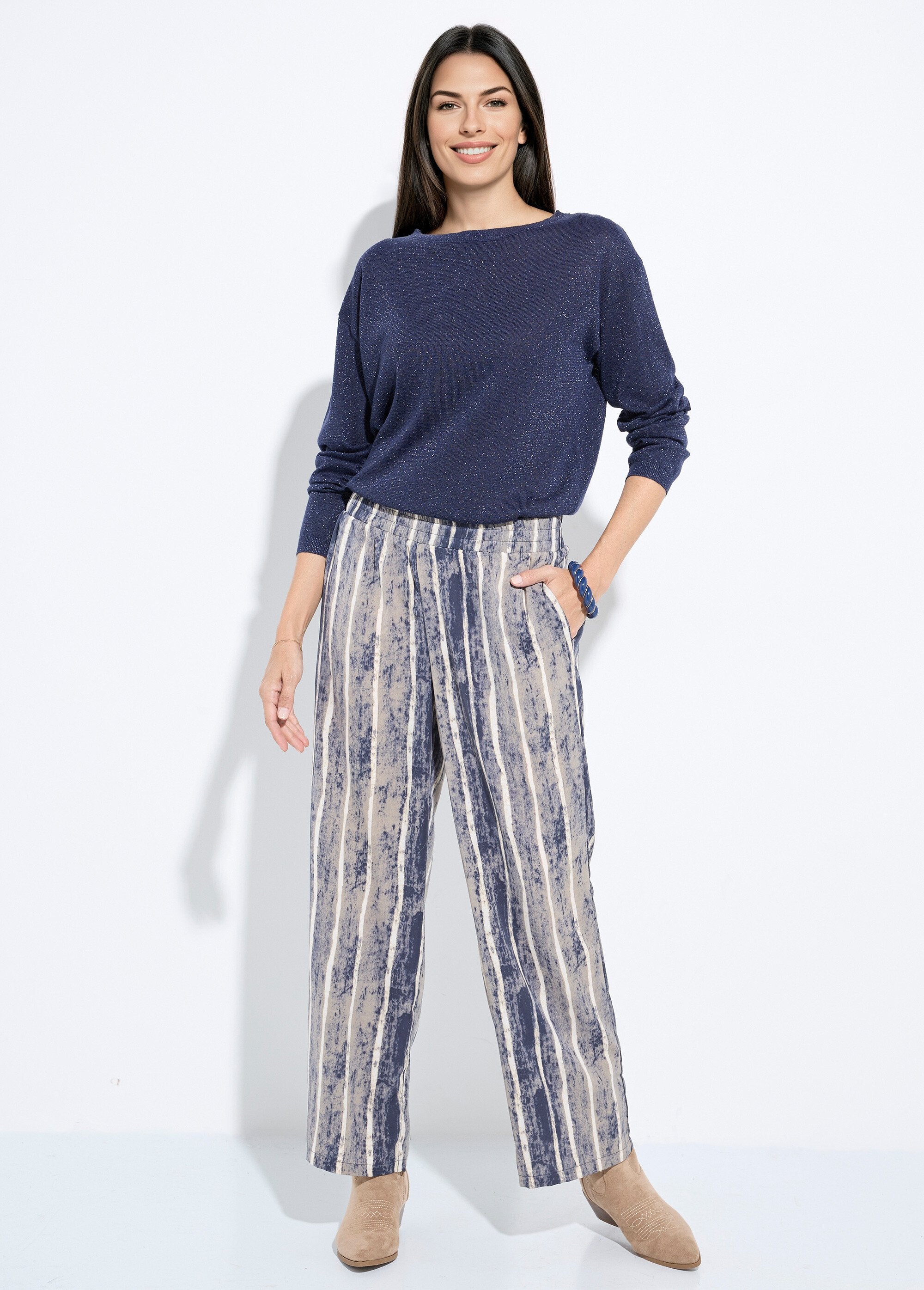 Pantalon_fluide_élastiqué,_imprimé_rayé_Gris_et_ecru_SF1_slim