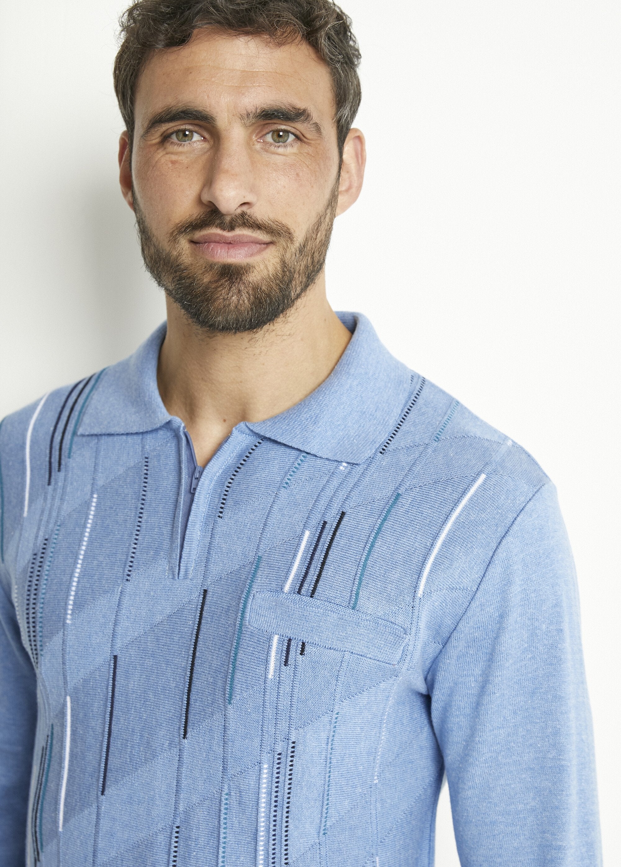 Camisa_polo_de_manga_comprida_com_zíper_em_algodão_jacquard_Bleu_DE1_slim