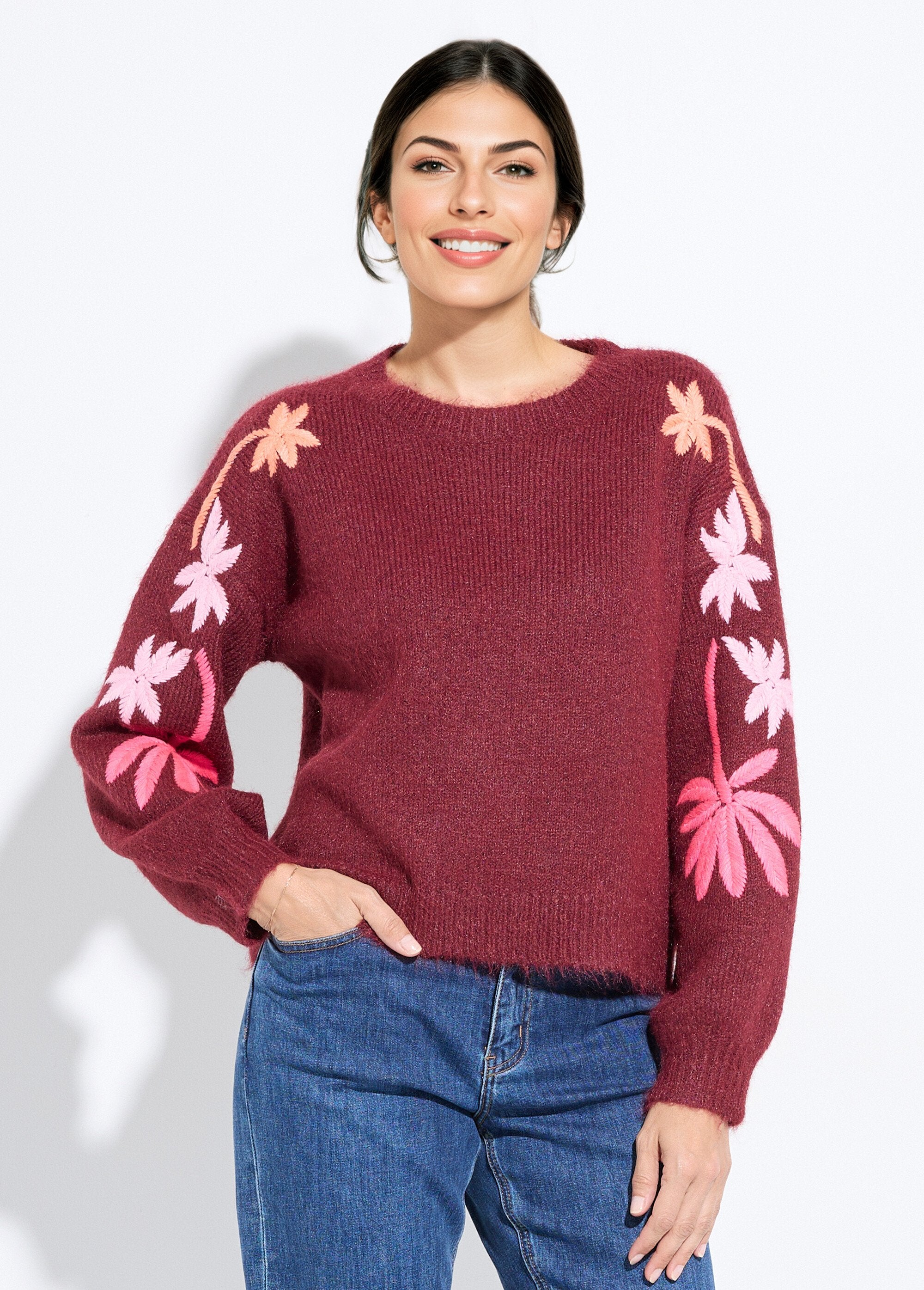 Pull_chaud_laine_broderies_fluo_palmiers_Bordeaux_FA1_slim