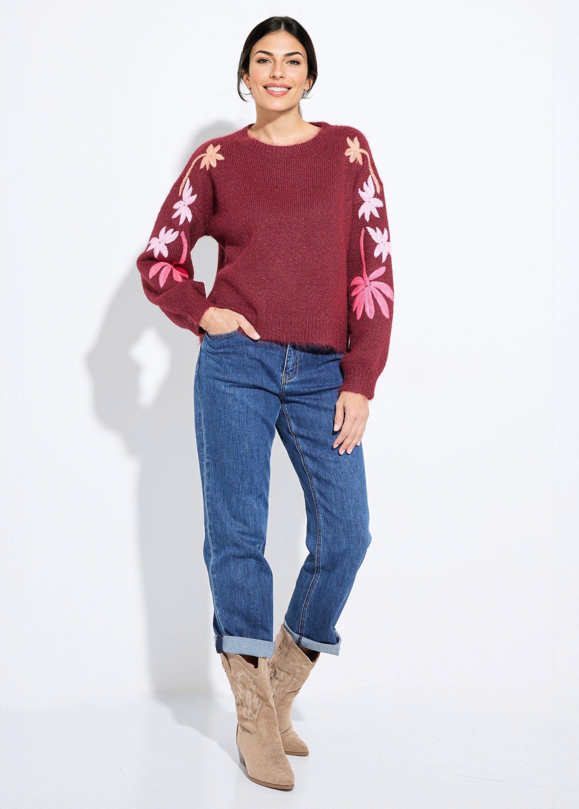 Pull_chaud_laine_broderies_fluo_palmiers_Bordeaux_SF1_slim