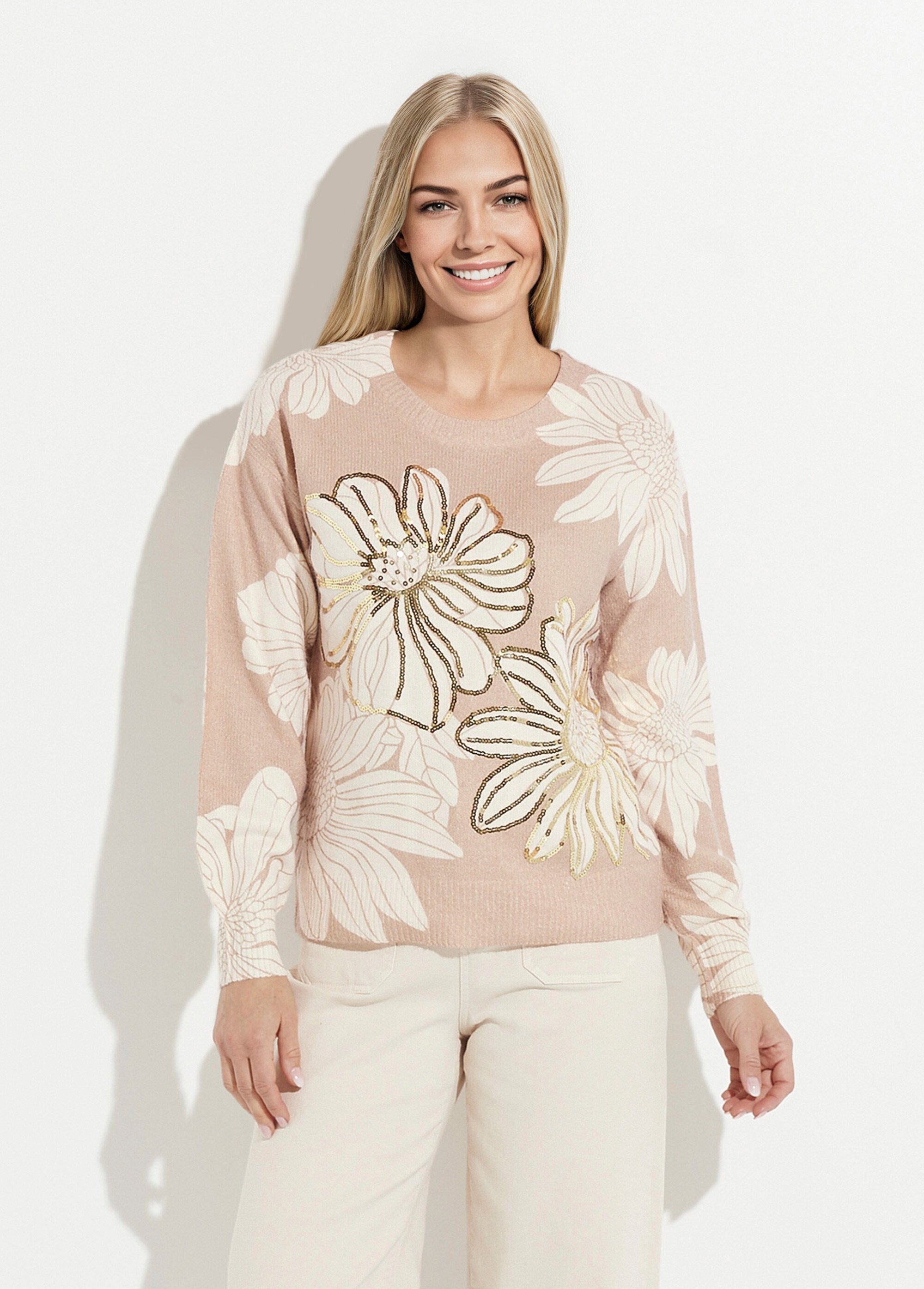 Pull_fin_imprimé_fleurs_sequins_col_rond_Beige_FA1_slim