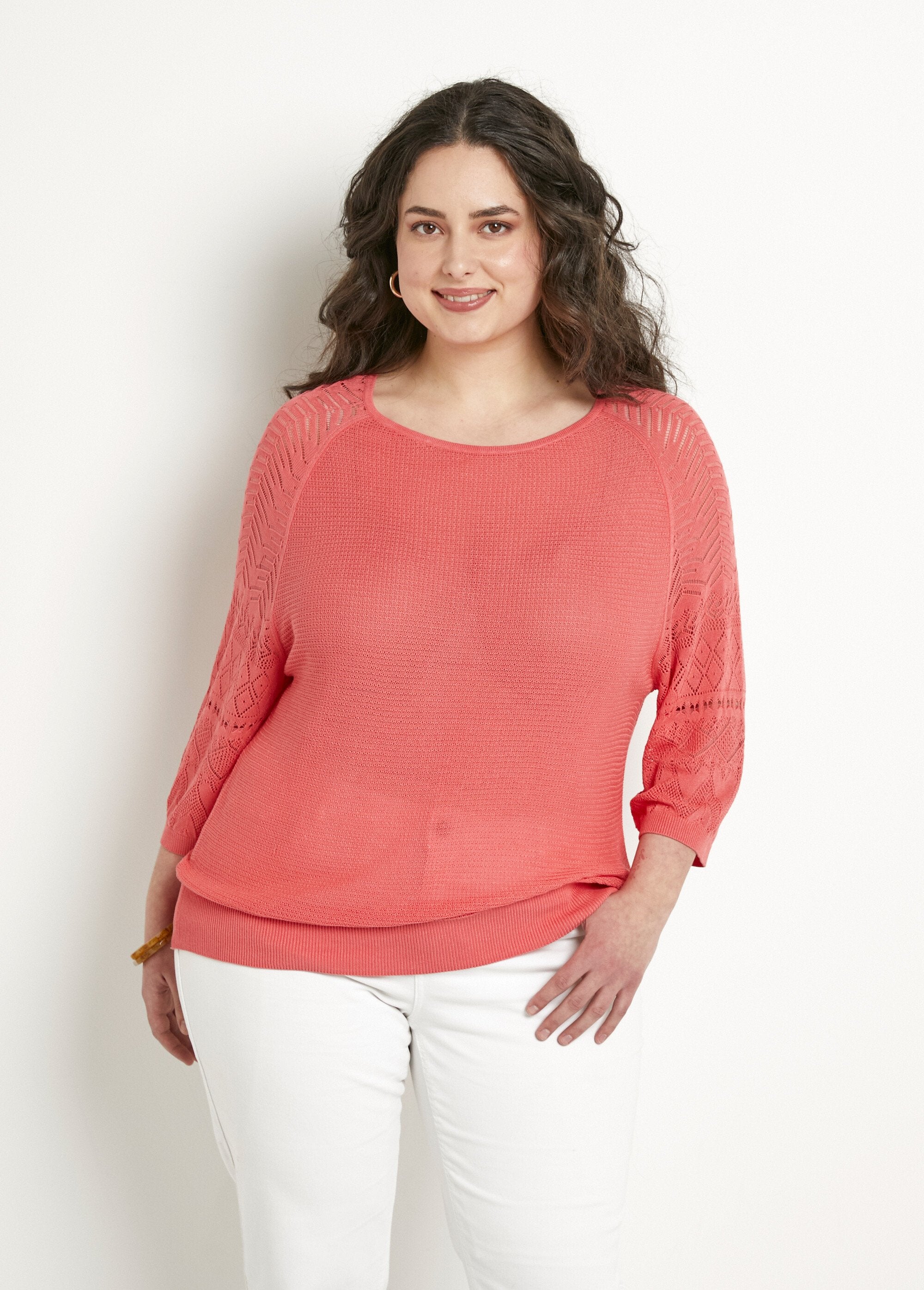 Suéter_leve_com_mangas_raglan_3/4_e_gola_redonda_Corail_FA1_curvy