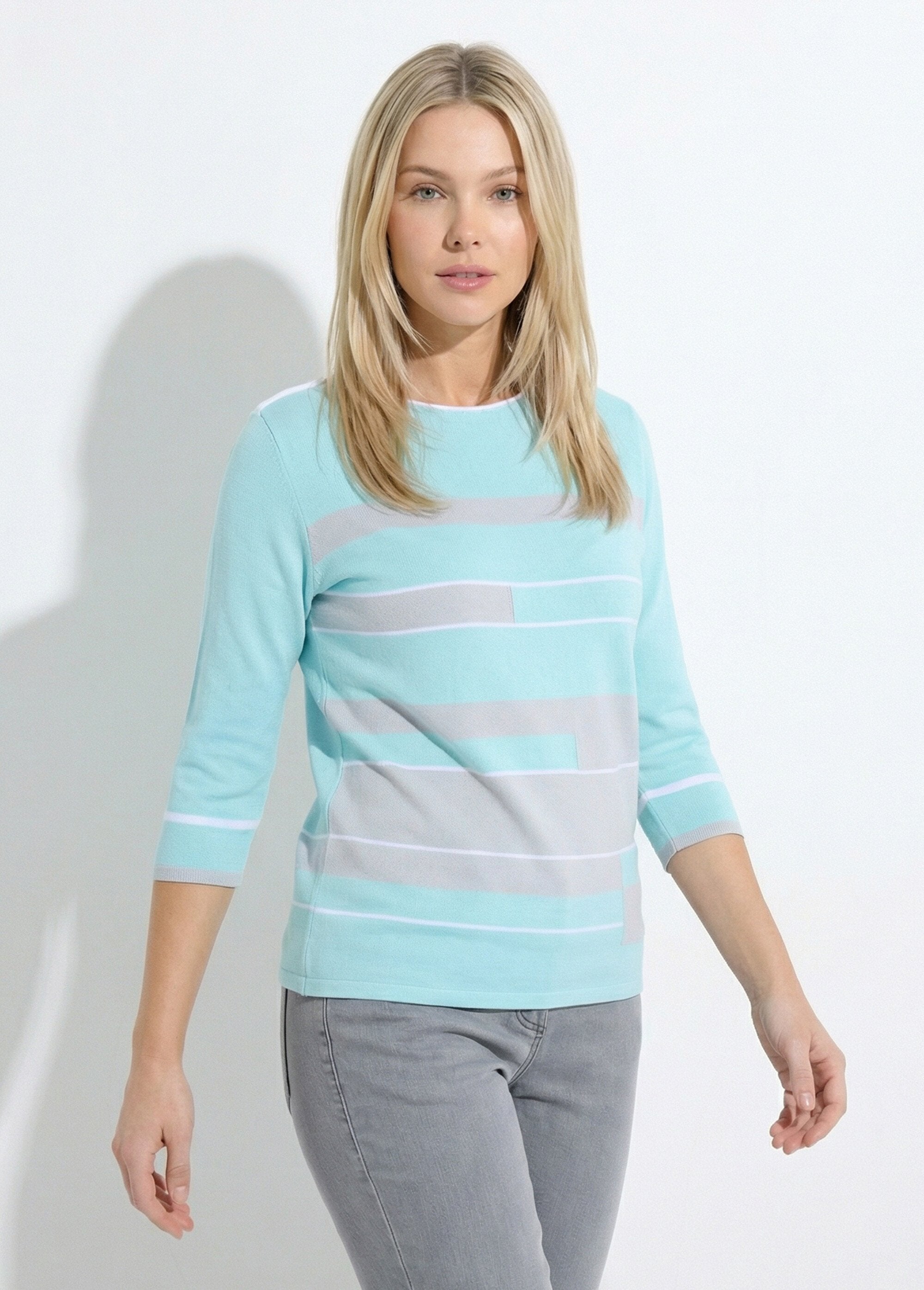 Camisola_de_manga_3/4_em_jacquard_com_gola_em_barco_e_frente_às_riscas_Aqua_et_gris_FA1_slim