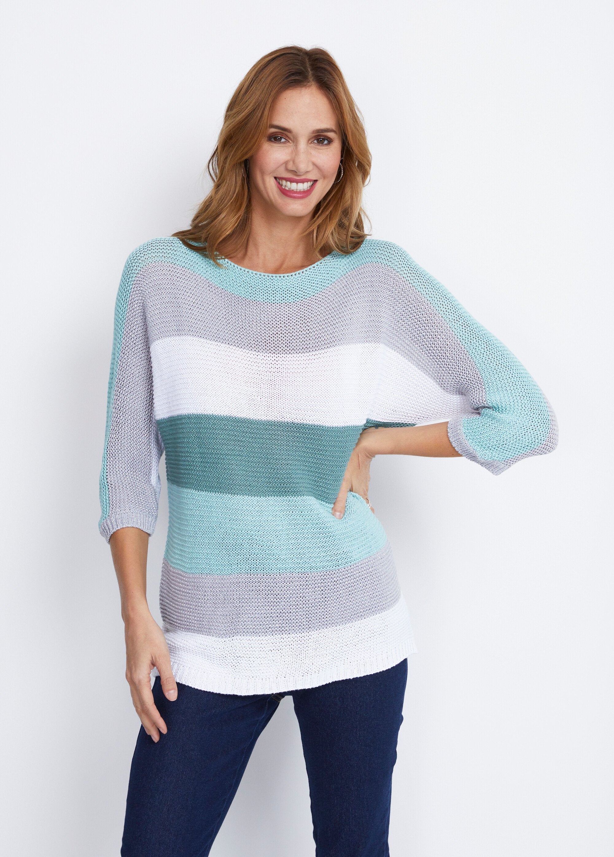 Pull_rayé_manches_3/4_point_mousse_Aqua_et_gris_FA1_slim
