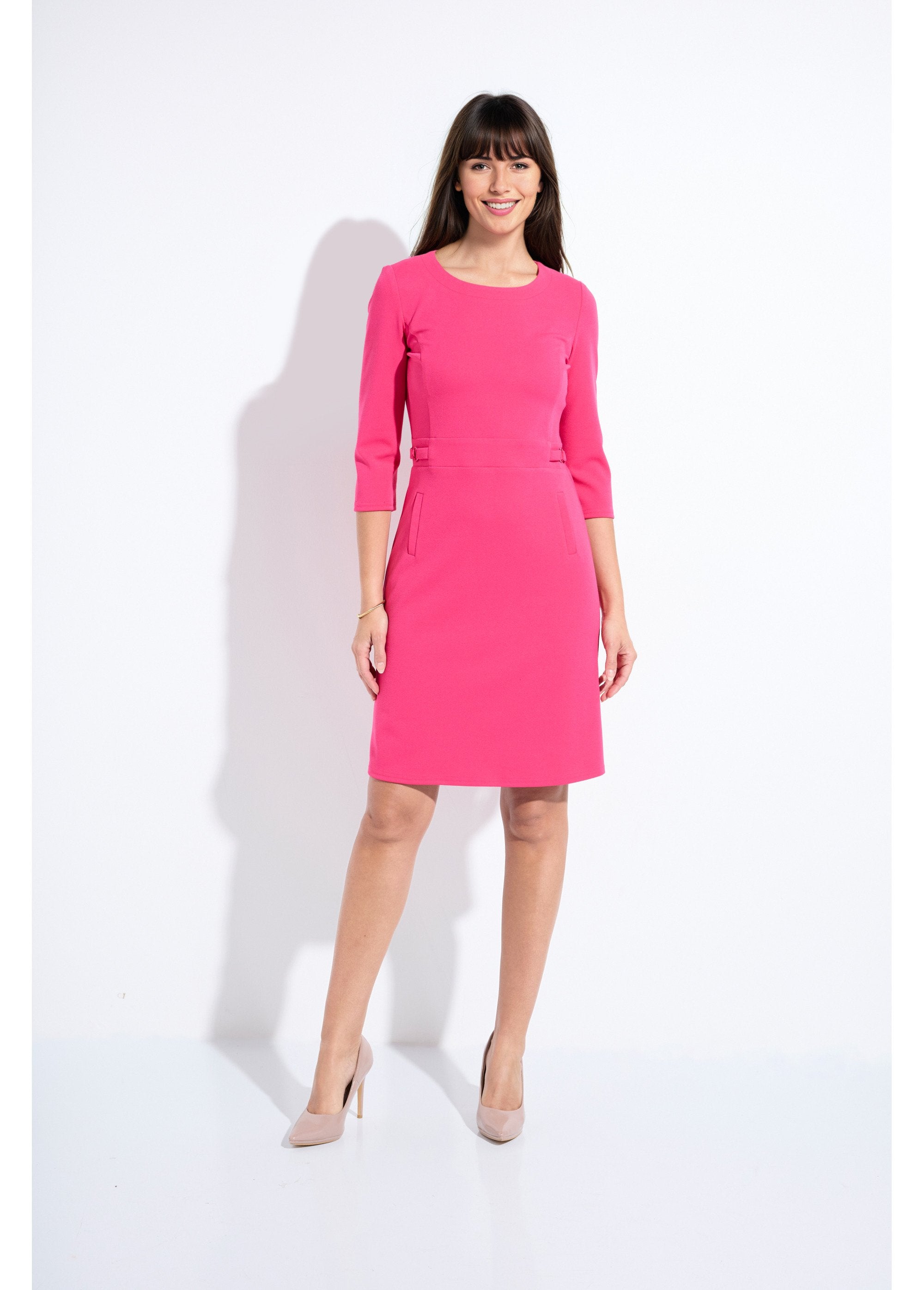 Vestido_reto_com_mangas_3/4_em_malha_macia_Fuchsia_FA1_slim