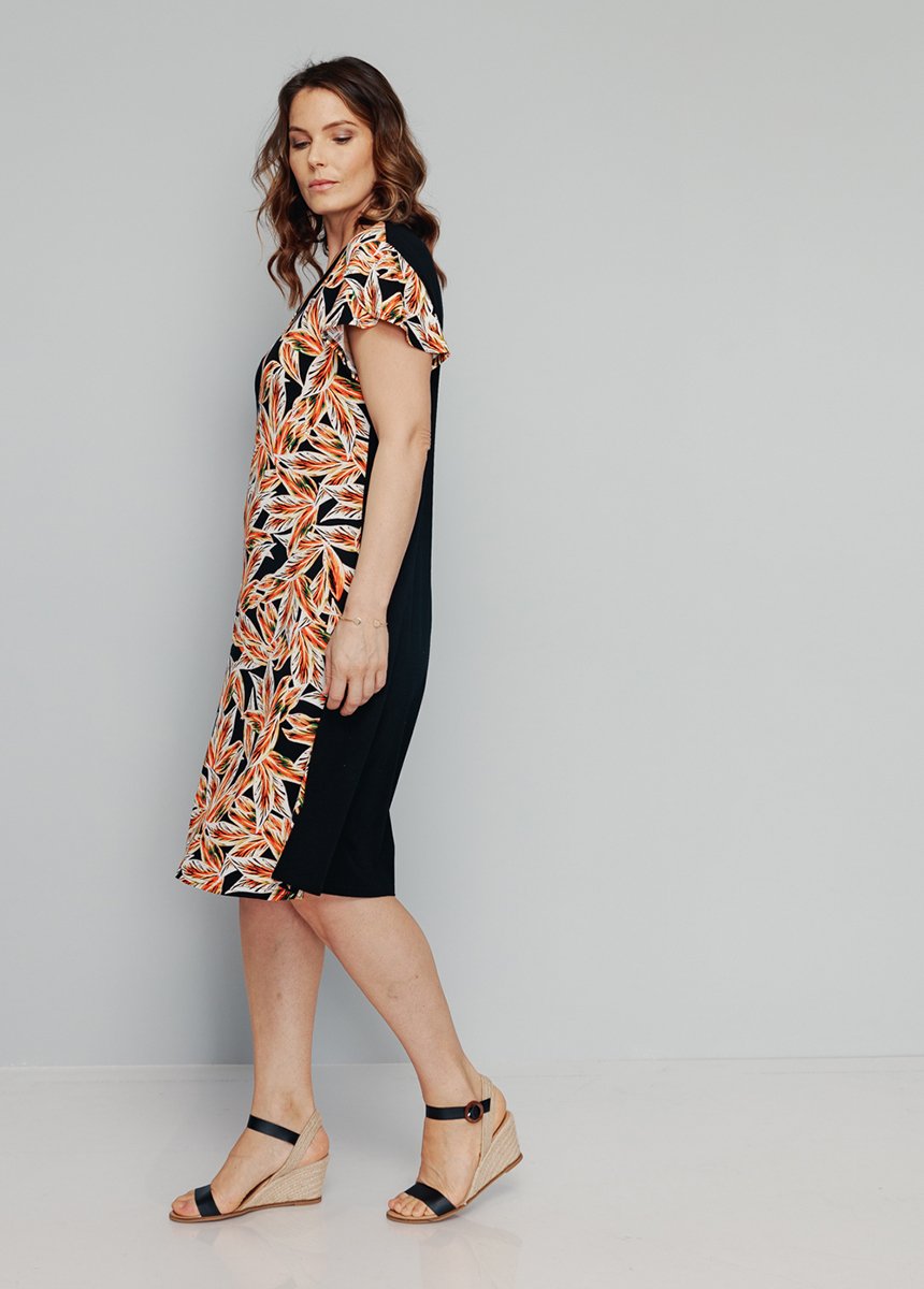 Robe_fantaisie_maille_extensible_Noir_et_corail_DR1_slim