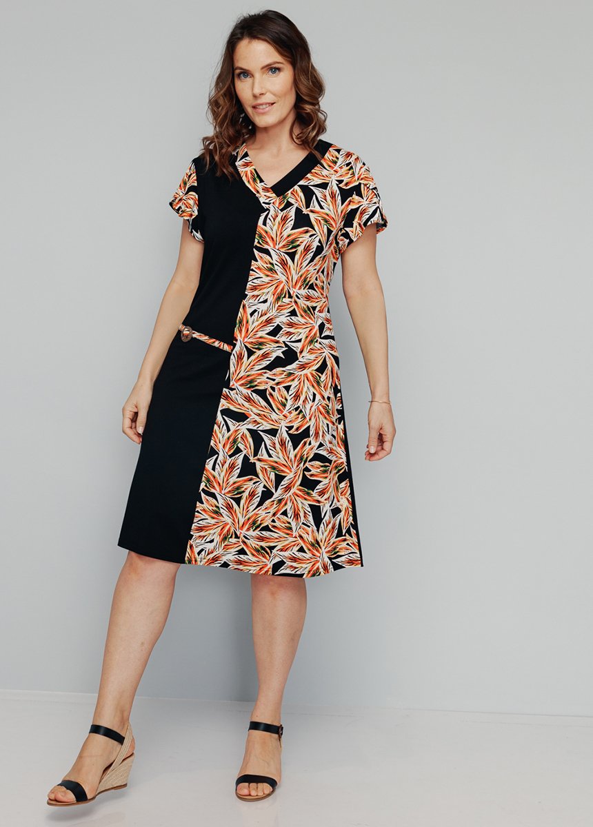 Robe_fantaisie_maille_extensible_Noir_et_corail_FA1_slim