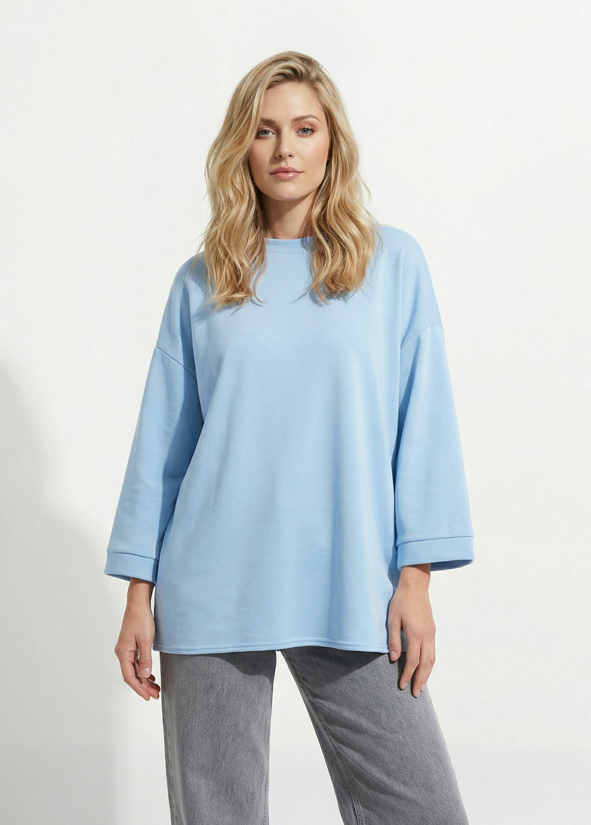 Sweat_shirt_large_col_rond,_manches_3/4_Bleu_ciel_FA1_slim