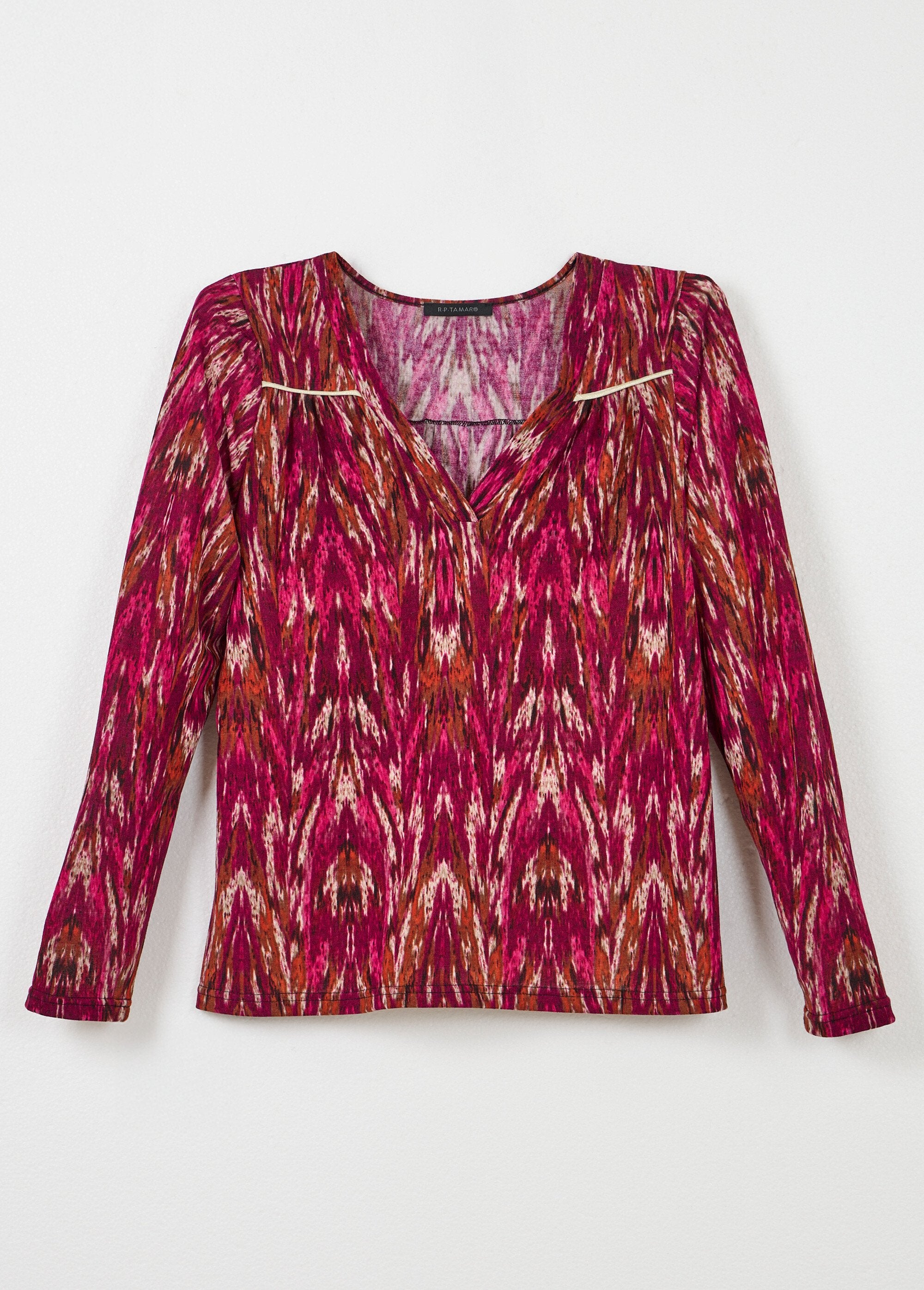 T-shirt_chaud_col_V_imprimé_manches_longues_Cassis_et_beige_AP1_slim