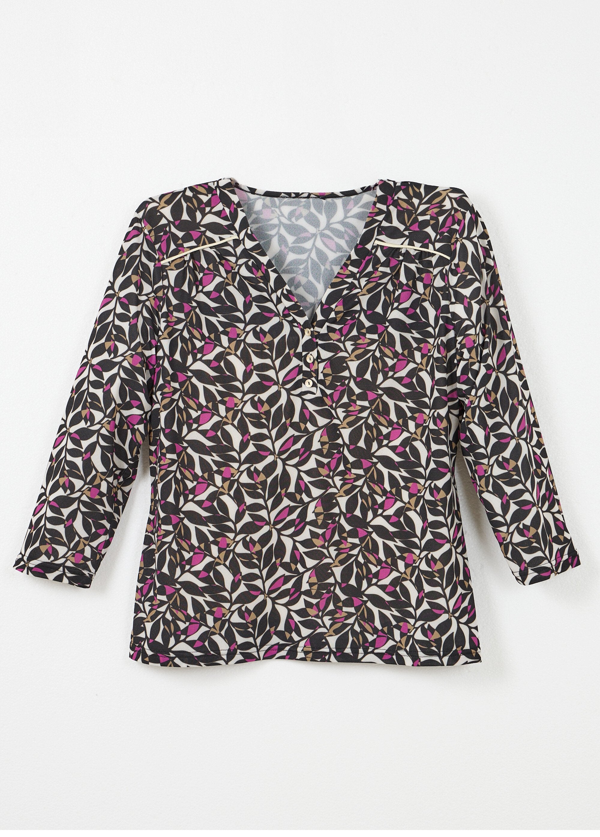 T-shirt_curta_com_decote_em_V_e_manga_3/4_com_estampado_de_folhas_Ecru_et_rose_AP1_slim