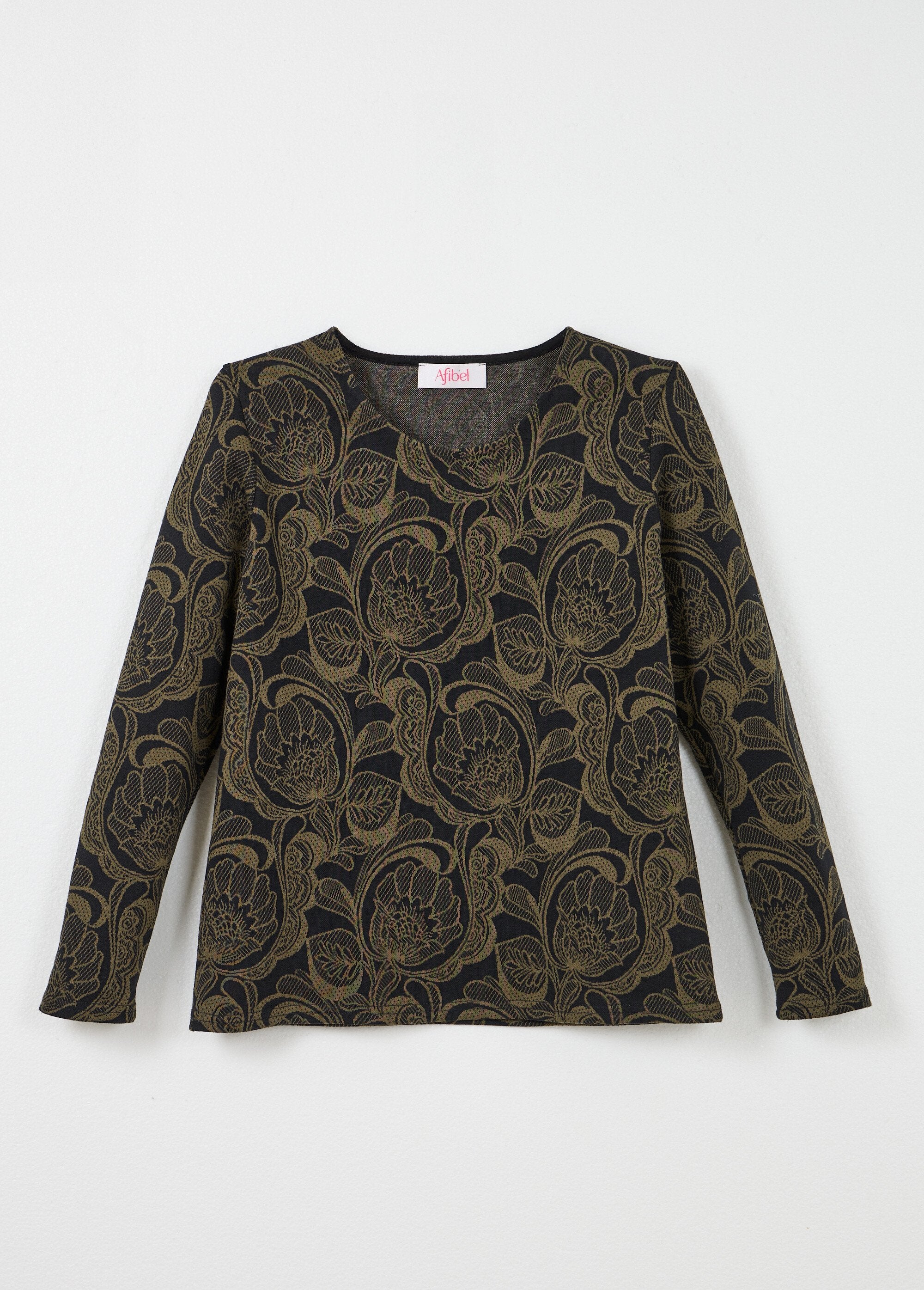 T-shirt_jacquard_fleuri_col_rond_Noir_et_camel_AP1_slim