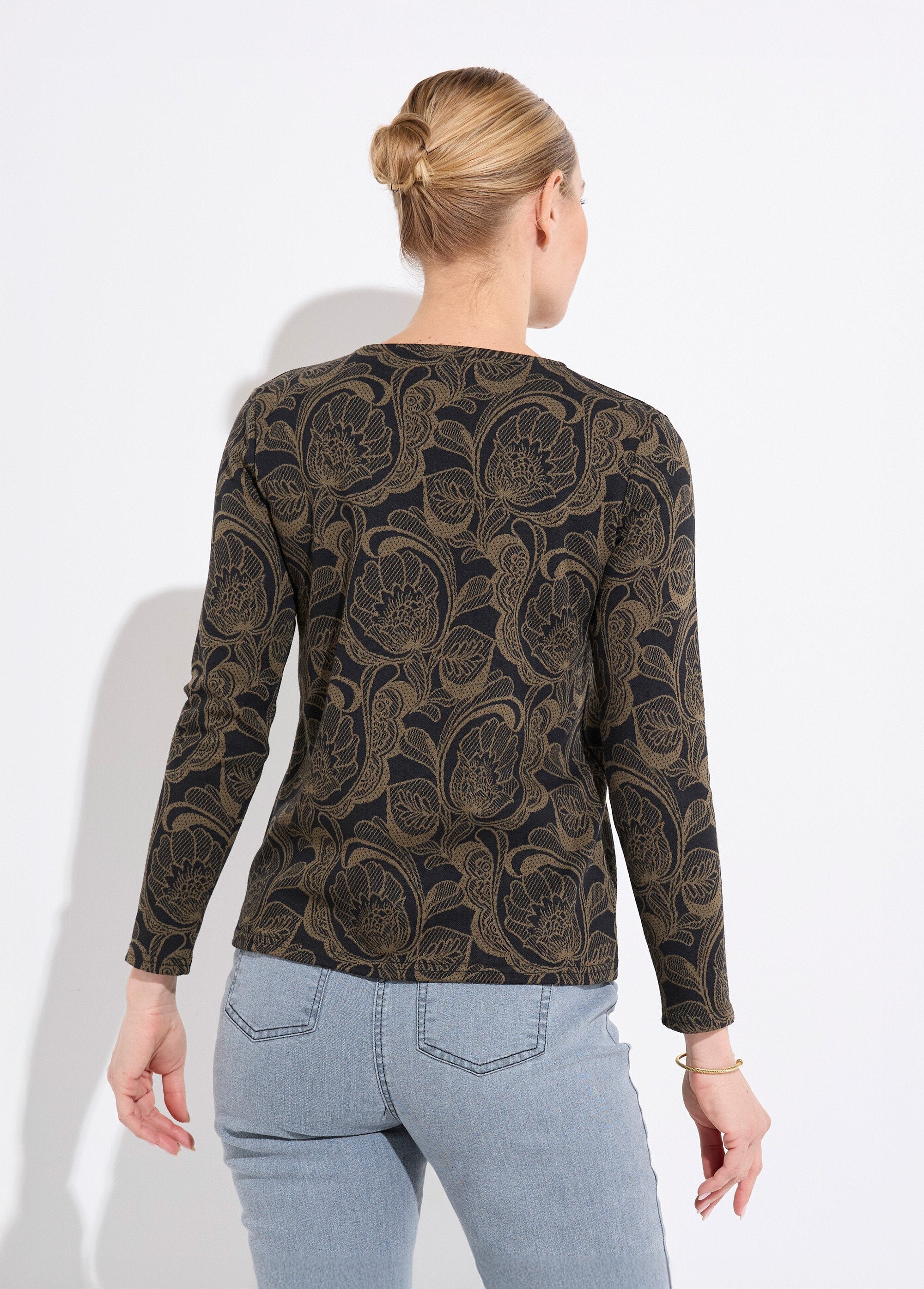 T-shirt_jacquard_fleuri_col_rond_Noir_et_camel_DO1_slim