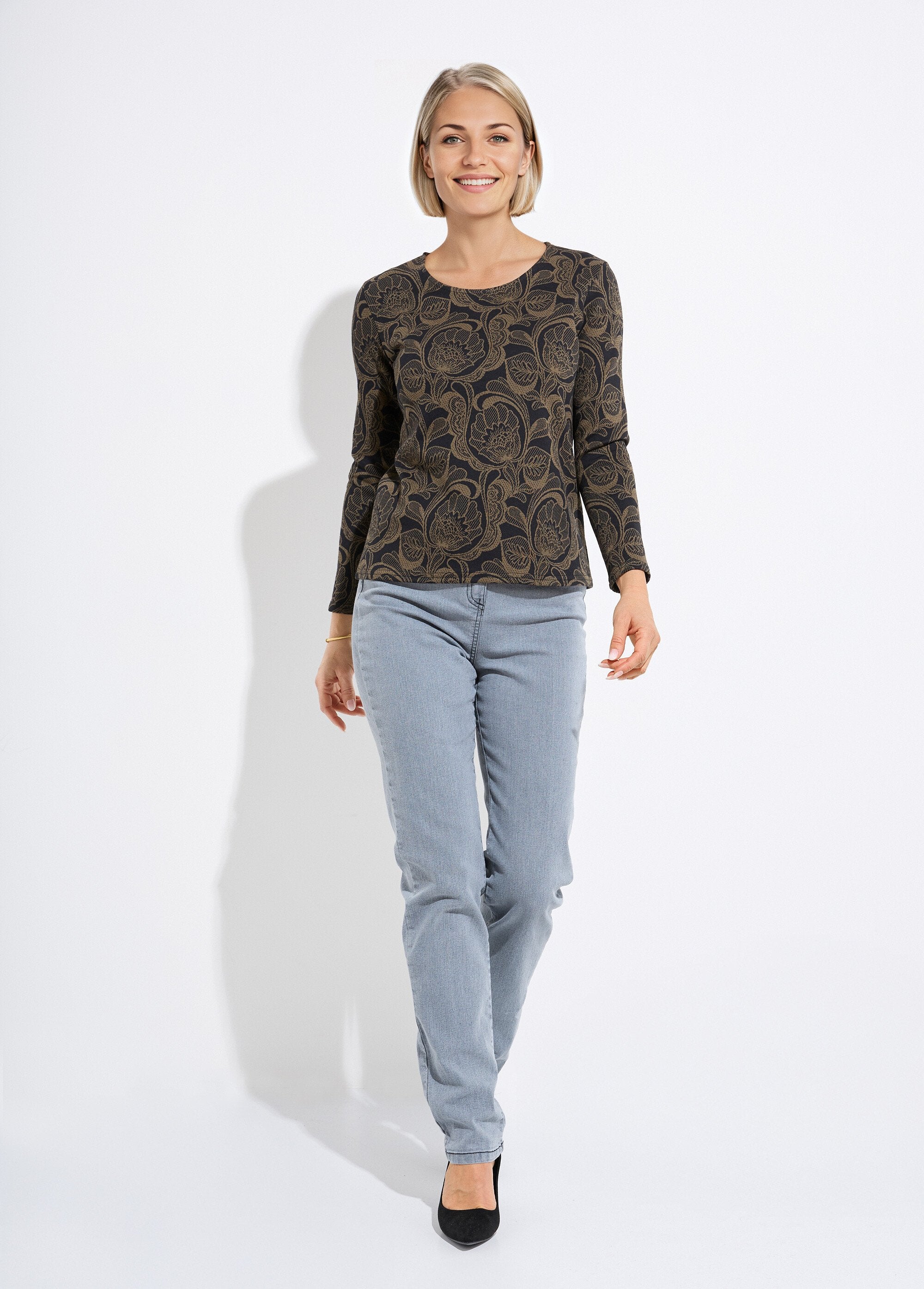 T-shirt_jacquard_fleuri_col_rond_Noir_et_camel_SF1_slim