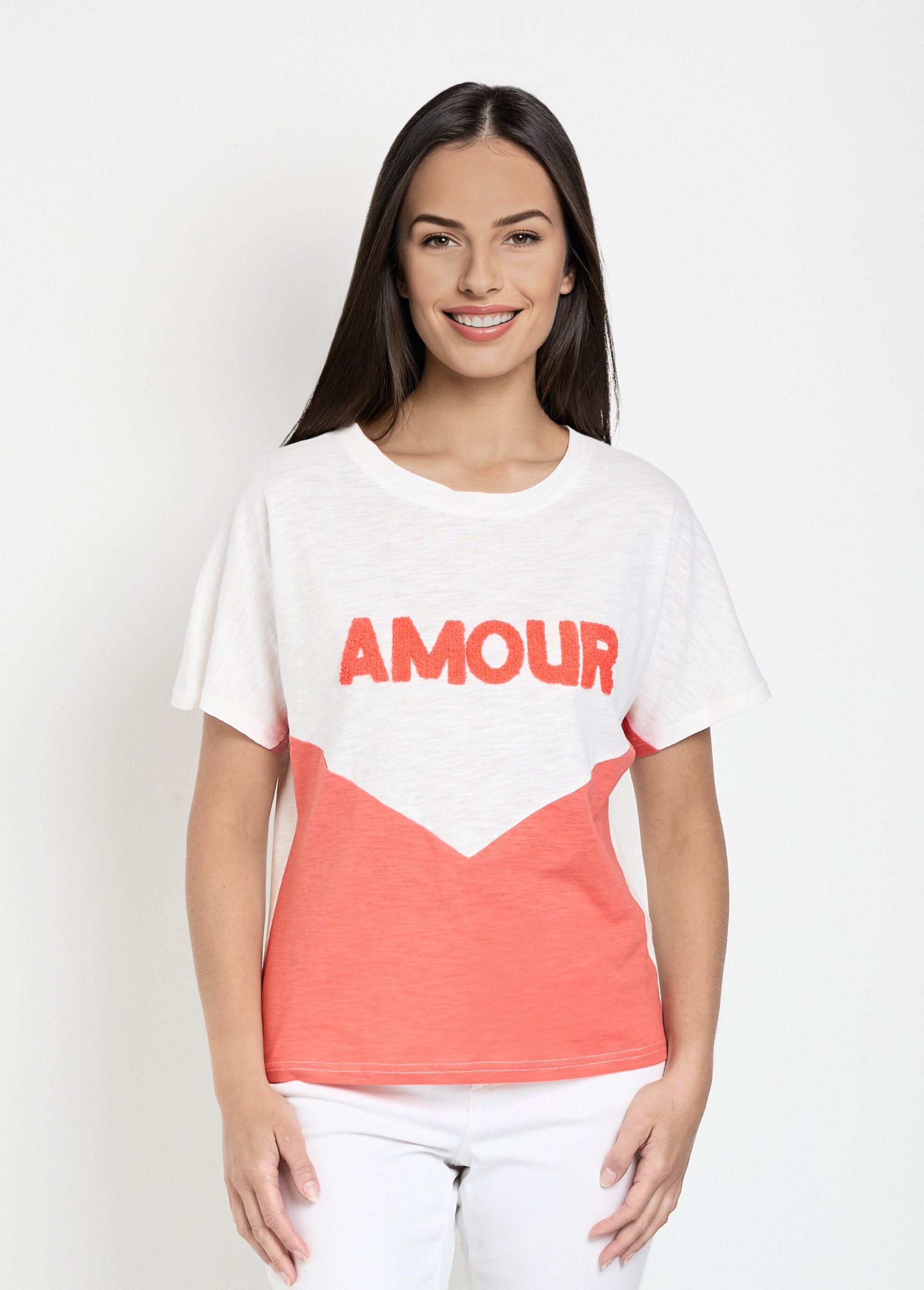 T-shirt_maille_flammée_bicolore_à_message_Corail_et_blanc_FA1_slim