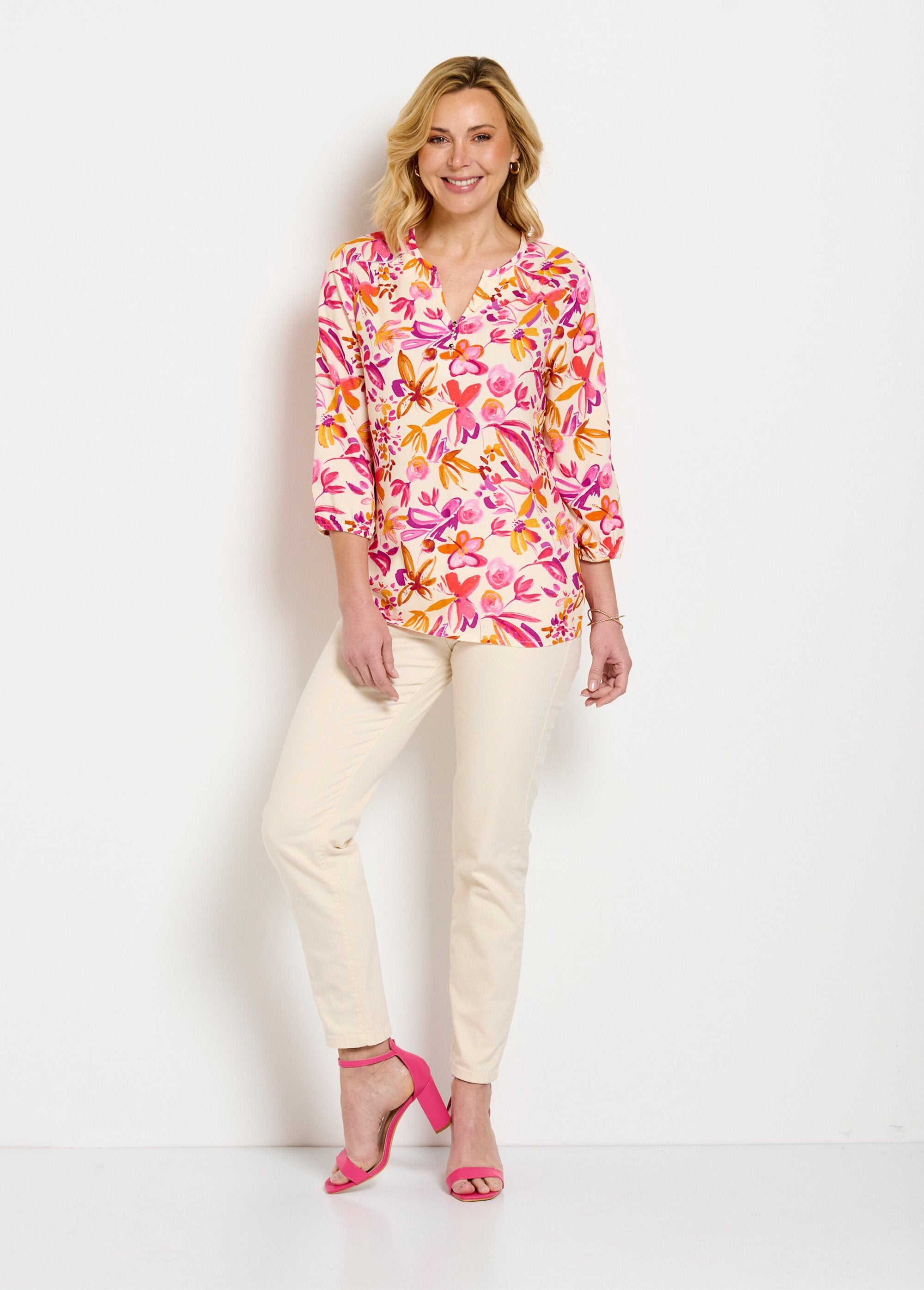 Túnica_longa_solta_com_estampa_floral_e_mangas_3/4_Orange_et_rose_SF1_slim