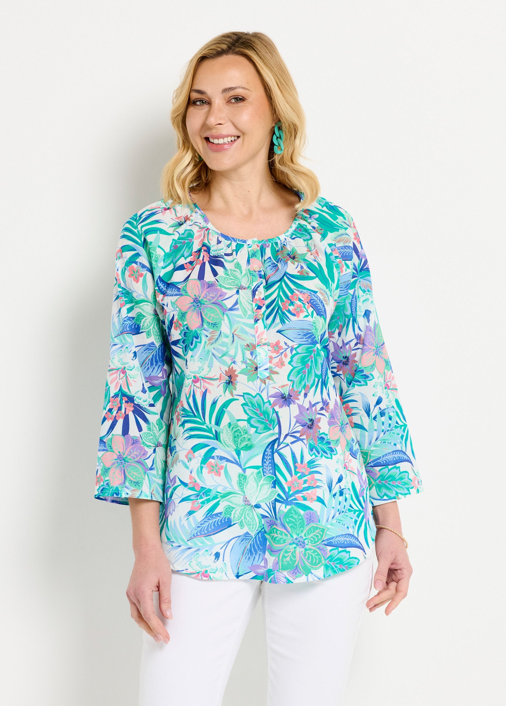 Túnica_solta_em_voile_de_algodão_estampado_com_mangas_3/4_Multicolore_FA1_slim
