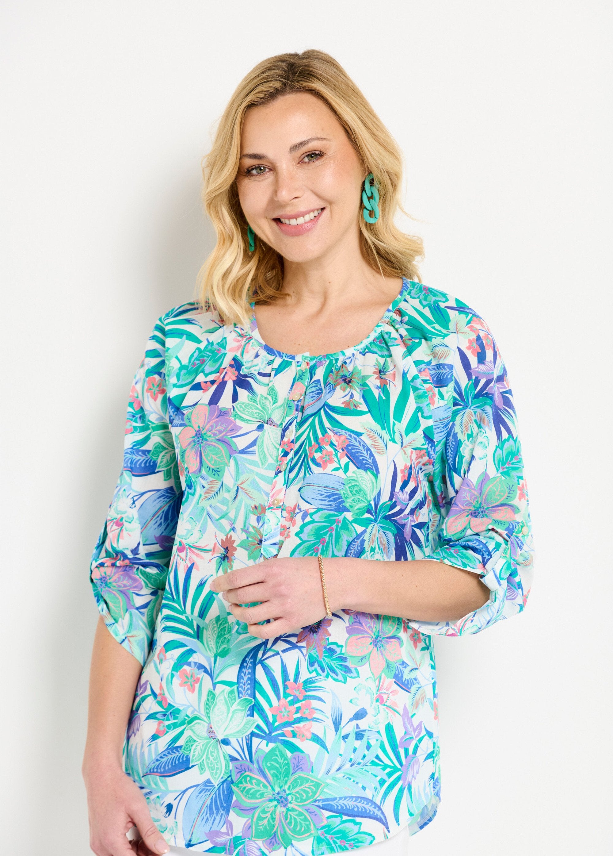 Túnica_solta_em_voile_de_algodão_estampado_com_mangas_3/4_Multicolore_FA2_slim