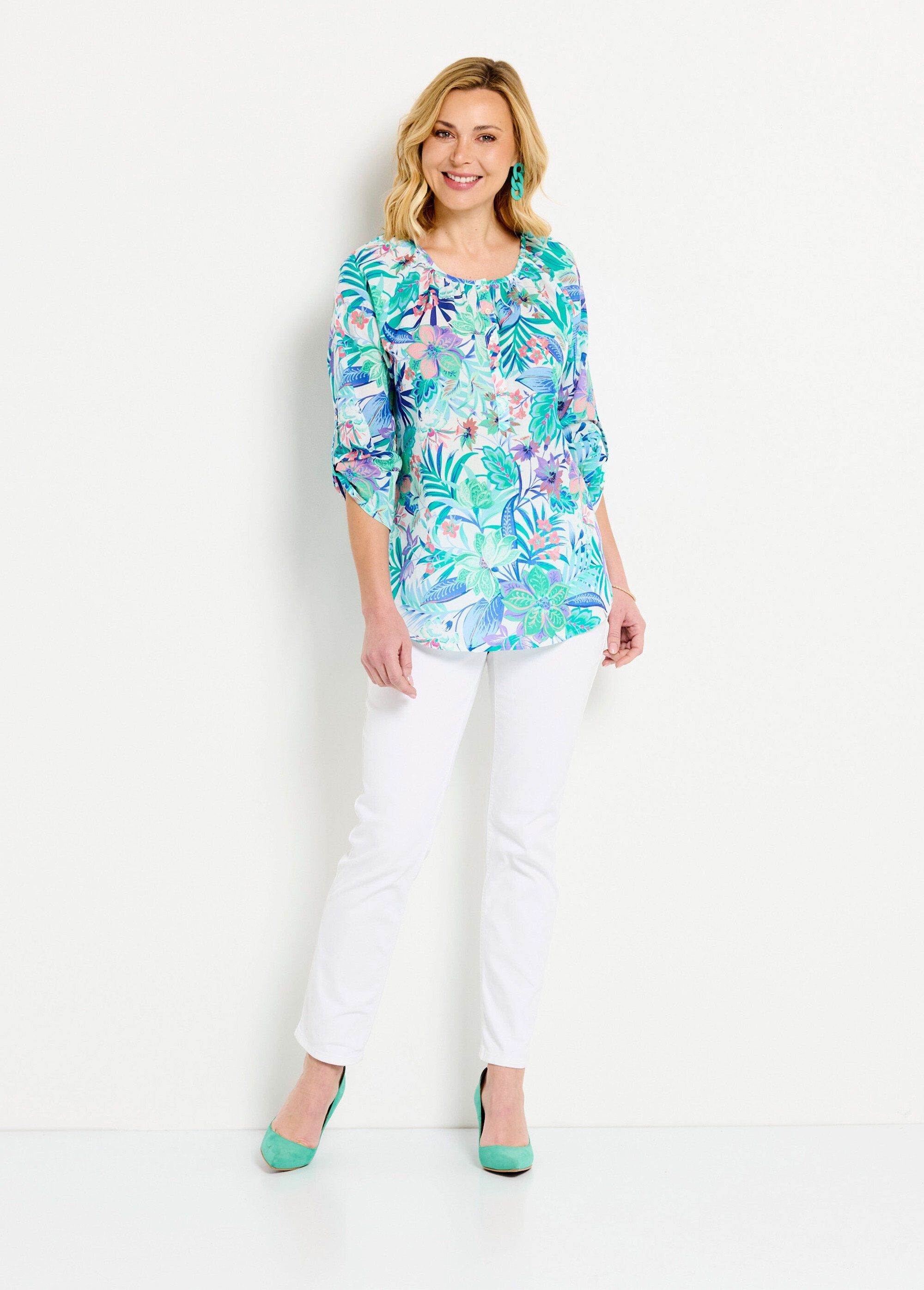 Túnica_solta_em_voile_de_algodão_estampado_com_mangas_3/4_Multicolore_SF1_slim