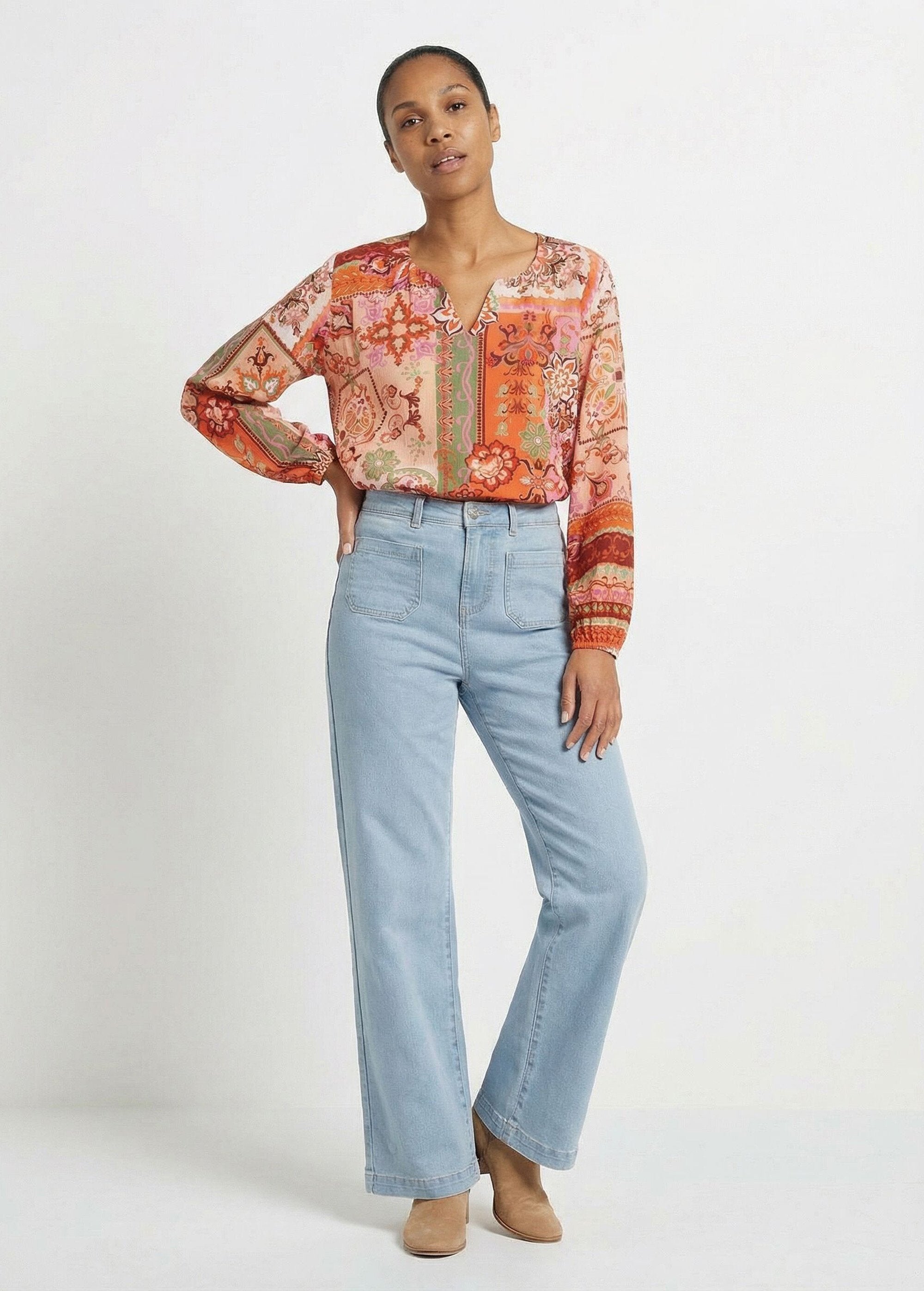 Tunique_longue_col_V_voile_imprimé_patchwork_Orange_et_ecru_SF1_slim